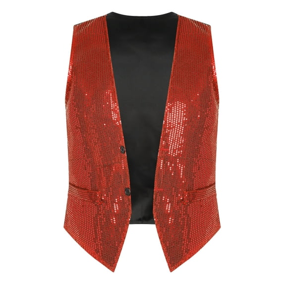 DPOIS Men's Sequins Vest Shiny Party Nightclub Stylish Suit Vest Waistcoat Red M