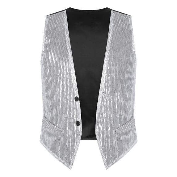 DPOIS Men's Sequins Vest Shiny Party Nightclub Stylish Suit Vest Waistcoat Silver M