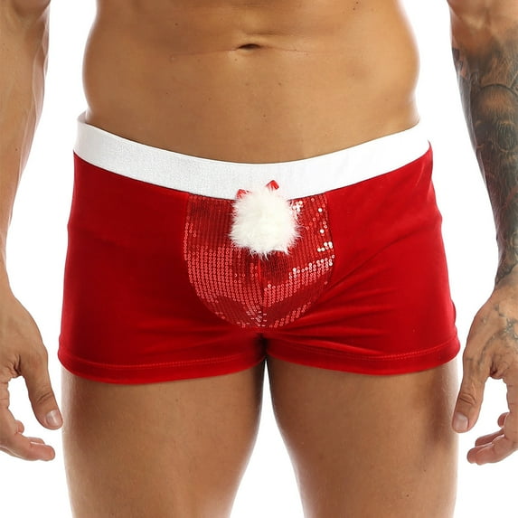 DPOIS Mens Lingerie Velvet Christmas Cosplay Costume Boxer Shorts Underwear Red XXL