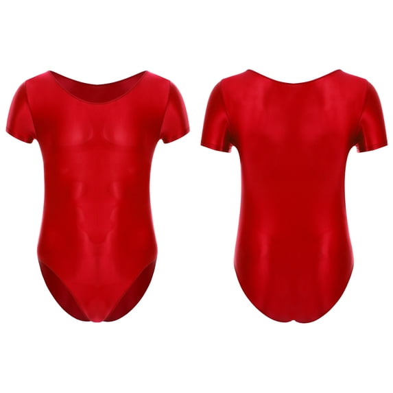 DPOIS Mens Oil Glossy Shirt Bodysuit Short Sleeve Leotard Seamless Dance Jumpsuit Swimwear