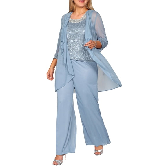 DPOIS Mother of The Bride Dress up 3 Pieces Pant Suits Formal Wedding Guest Gowns Set Sky Blue 5XL