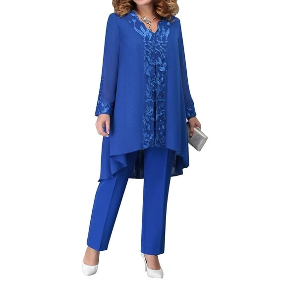 DPOIS Mother of The Bride Pants Suits 3Pcs Chiffon Wedding Guest Outfits Blue XXL