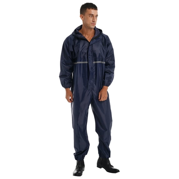 DPOIS Motorcycle Rain Suit for Men & Women Waterproof Raincoat Coveralls Navy Blue XL