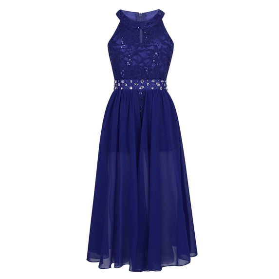 DPOIS Sleeveless Flower Girl Dress Floral Lace Rhinestone Maxi Dresses A Blue 4