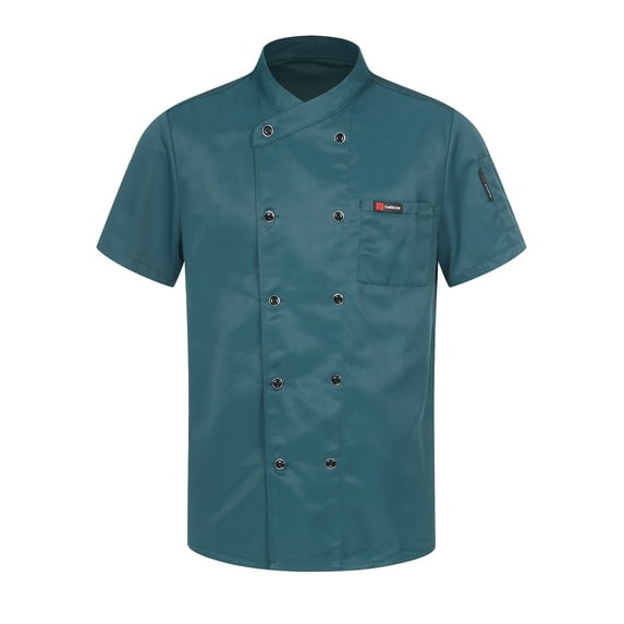 DPOIS Unisex Chef Coat Kitchen Work Uniform Cook Jacket for Men Women Lake Blue Short Sleeve 4XL