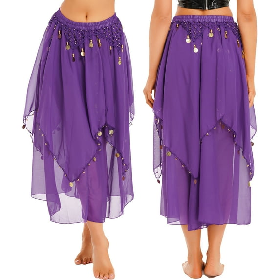 DPOIS Women Belly Dance Skirts Long Chiffon Training Performance Dancing Skirt