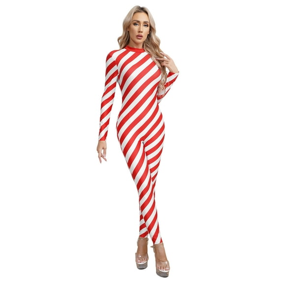 DPOIS Women Christmas Candy Cane Costume Long Sleeve Mock Neck Jumpsuit Red M