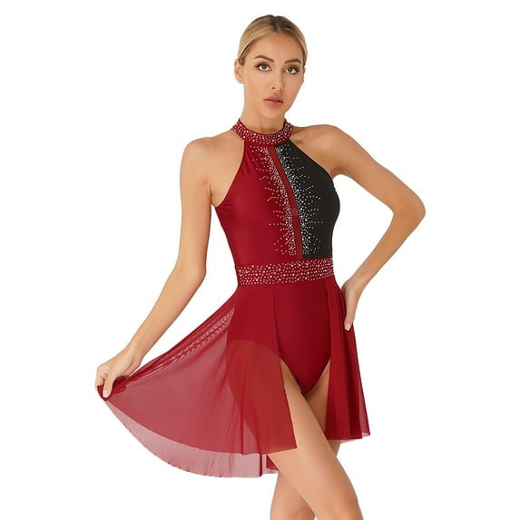 DPOIS Women Glitter Rhinestone Lyrical Dance Dress Ballet Leotard Dresses Burgundy XL