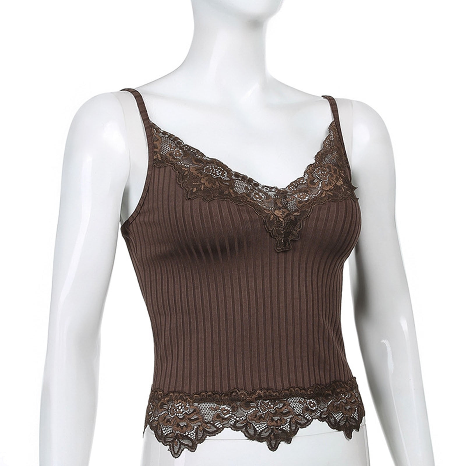 DPOIS Women Lace Patchwork Crop Top Y2k Cropped Ribbed Knitted