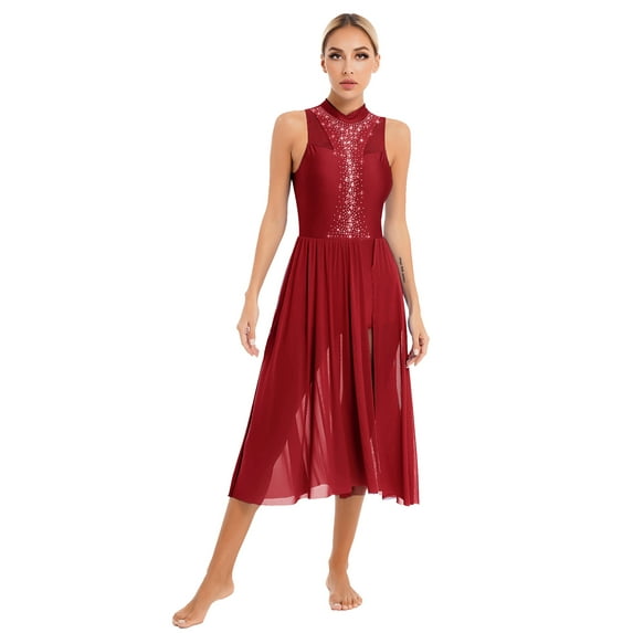 DPOIS Women Lyrical Dance Dress Leotard Morden Ballet Dancewear Burgundy M
