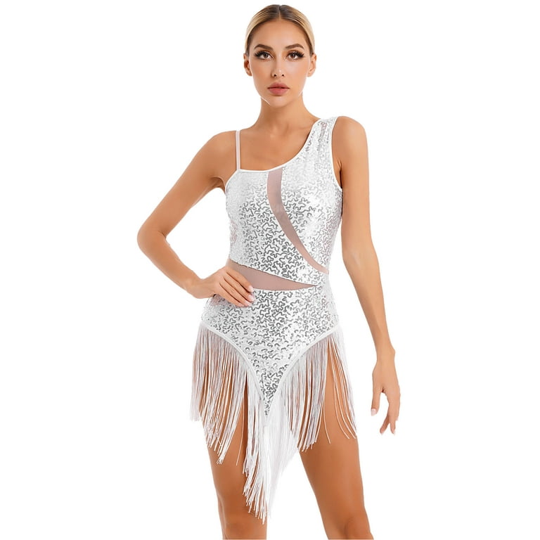 DPOIS Women Mesh Patchwork Sequins Fringe Bodysuit Jazz
