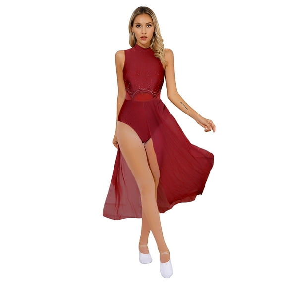 DPOIS Women Modern Contemporary Dance Dress Sleeveless Mesh Tulle Flowy Maxi Dress Burgundy M