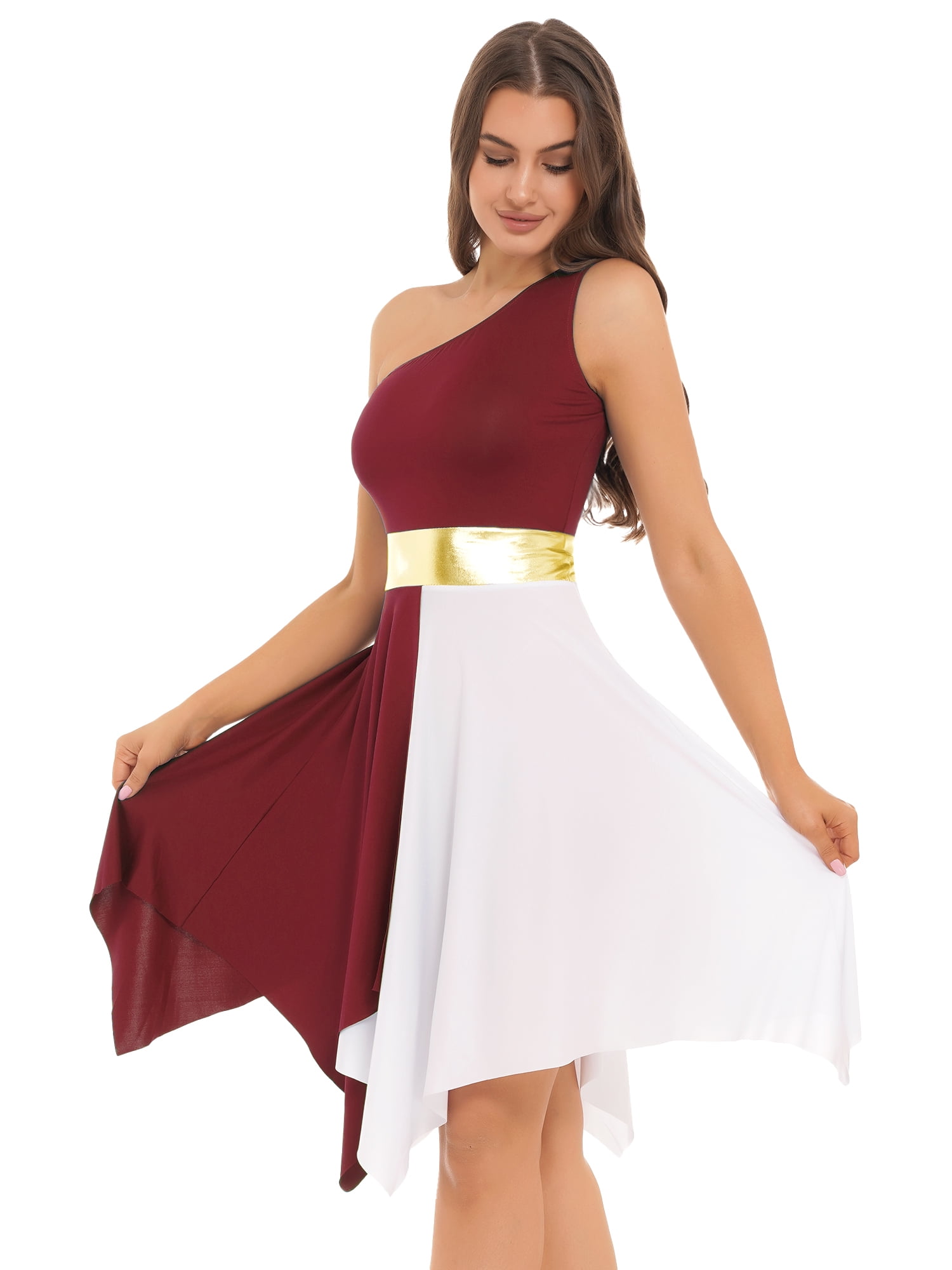 DPOIS Women Praise Dance Dress Metallic Lyrical Dance Costume Burgundy