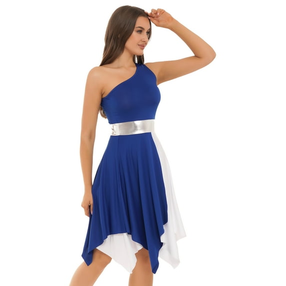 DPOIS Women Praise Dance Dress Metallic Lyrical Dance Costume Royal Blue-A XL