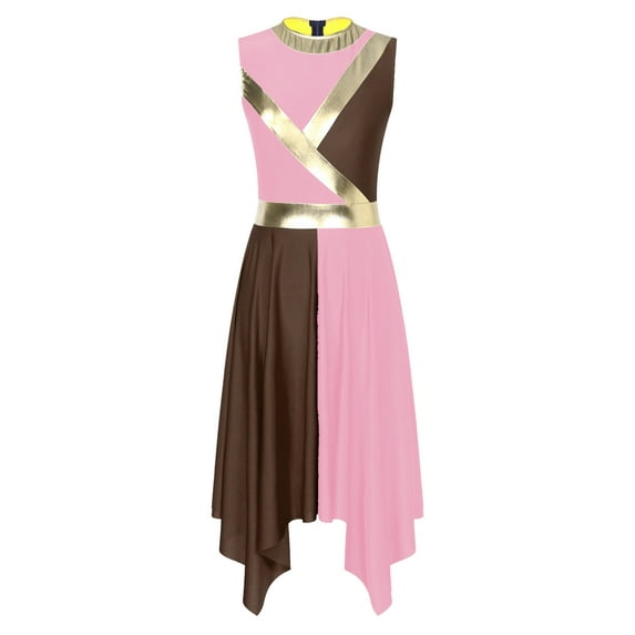 DPOIS Women Praise Dance Dress Sleeveless Liturgical Dancewear Worship Overlays Pink&Brown M