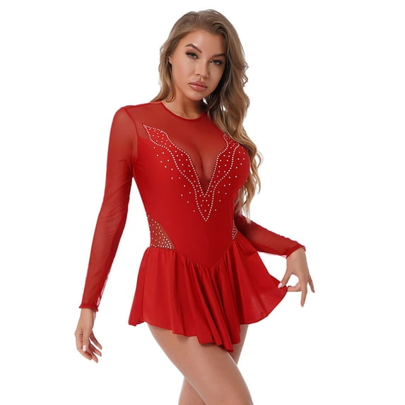 DPOIS Women Shiny Rhinestone Figure Ice Skating Dress Red S