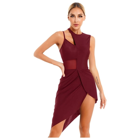 DPOIS Women Sleeveless Lyrical Dance Costume Modern Contemporary Dance Dress Burgundy XL