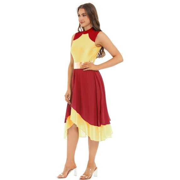 DPOIS Women Sleeveless Praise Dance Dress Worship Overlay Liturgical Dancewear Red&Yellow S