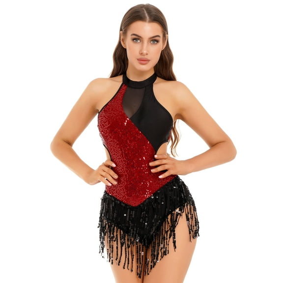 DPOIS Women Tassels Shiny Sequins Ballroom Latin Jazz Dance Leotard Dancewear Burgundy XL