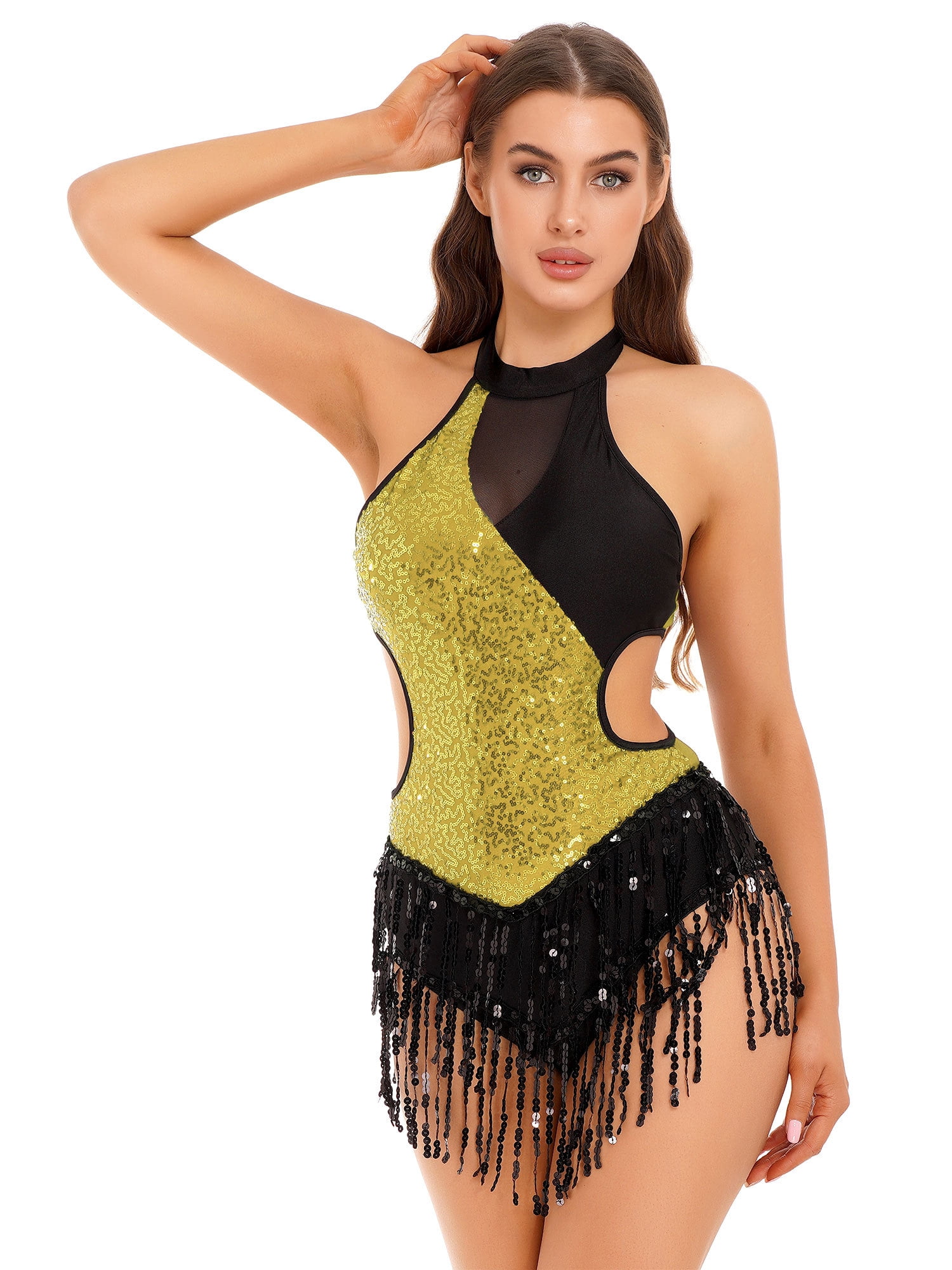 Women Shiny Sequins Fringed Latin Jazz Dance Leotard Dress Cha-Cha Rumba  Costume