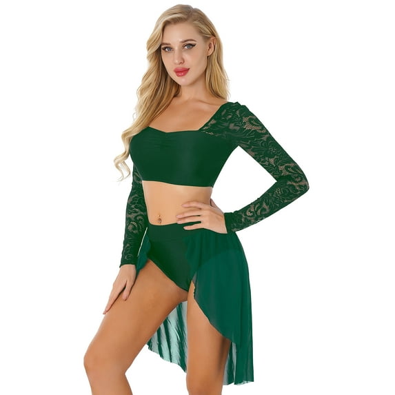 DPOIS Women's 2 Piece Dance Outfits Ballet Dance Dress Crop Top with Skirt Green M