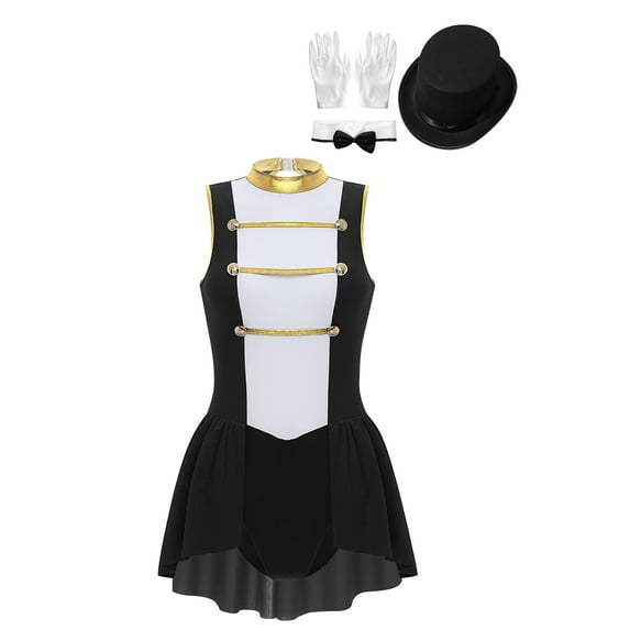 DPOIS Women's 4Pcs Circus Ringmaster Leotard Dress Outfit B Black L