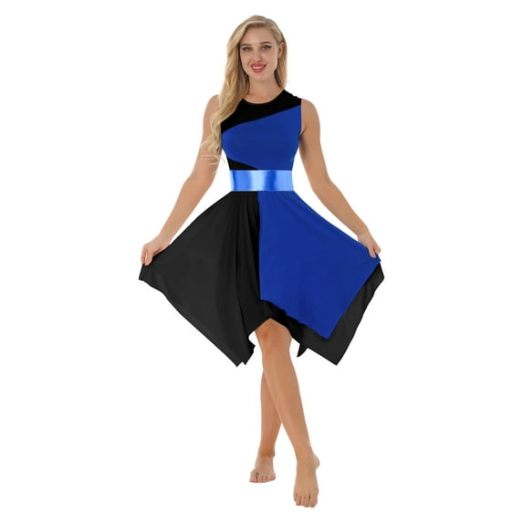 DPOIS Women's Color Block Praise Dance Dresses Worship Overlay and Tunic Blue&Black L