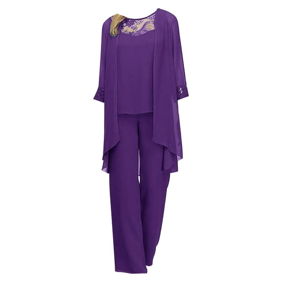 DPOIS Women's Dress Pantsuit for Weddings Elegant Three-Piece Pant Suit Set Purple M