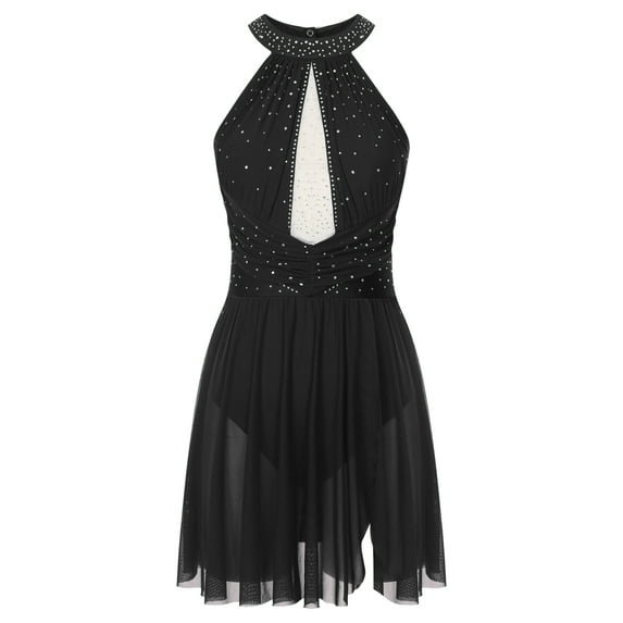 DPOIS Women's Figure Ice Skating Dress Flowy Tulle Skirt Leotard Black L