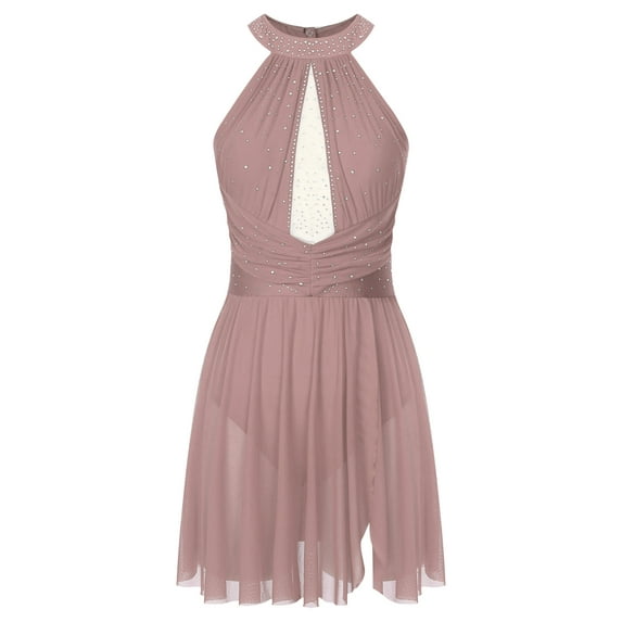 DPOIS Women's Figure Ice Skating Dress Flowy Tulle Skirt Leotard Dusty Pink M