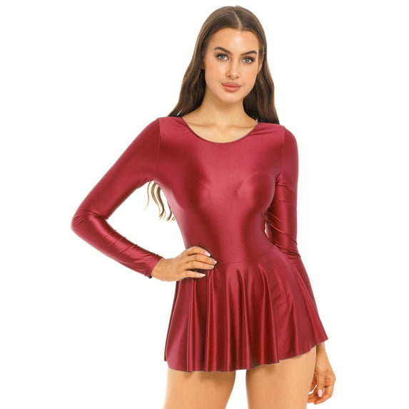 DPOIS Women's Glossy Silky One Piece Skirt Ballet Dance Dress Body Leotard Dress Beach Swimdress