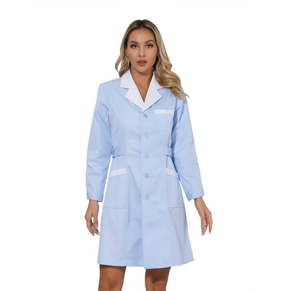 DPOIS Women's Lab Coat Doctor Nurse Long Sleeve Medical Coat Blue Peaked Lapel L