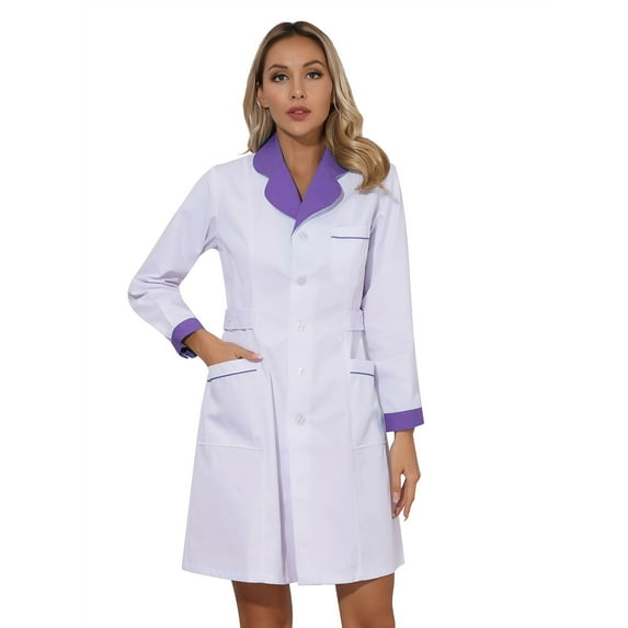 DPOIS Women's Lab Coat Doctor Nurse Long Sleeve Medical Coat Purple Curved Lapel M