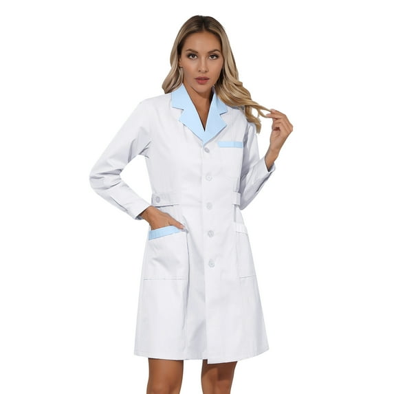 DPOIS Women's Lab Coat Doctor Nurse Long Sleeve Medical Coat White Peaked Lapel M