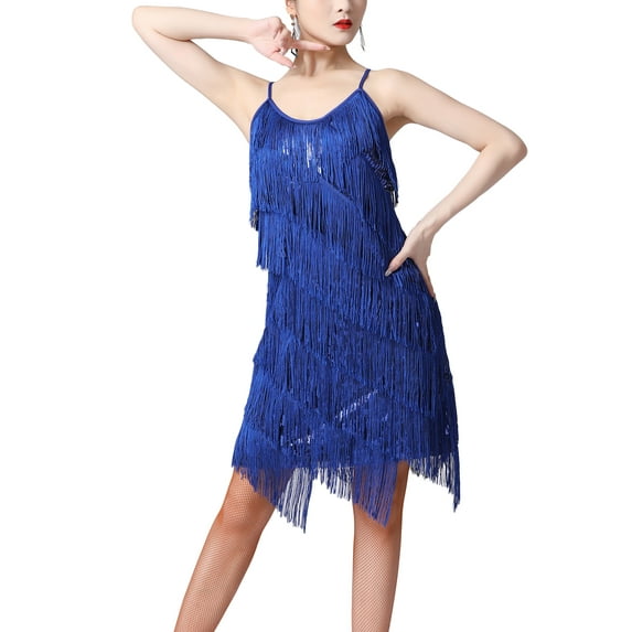 DPOIS Women's Latin Dance Dress Sparkly Tassel Sleeveless Cocktail Party Dress Royal Blue S