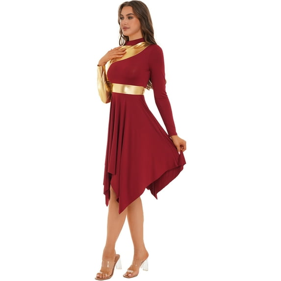 DPOIS Women's Liturgical Dancewear Praise Dance Dress Spiritual Worship Dresses Burgundy XL