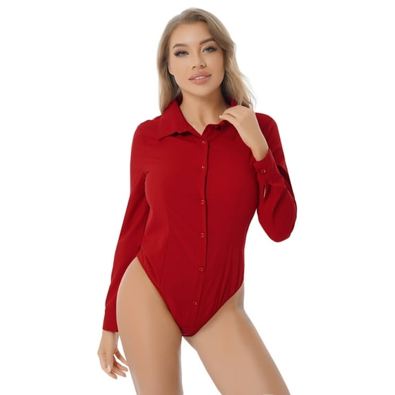 DPOIS Women's Long Sleeve Button Down Shirts Work Office Bodysuit Shirt Blouse Burgundy XL