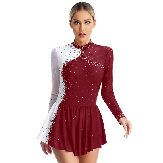 DPOIS Women's Long Sleeve Figure Ice Skating Dress Ballet Dance Dress Burgundy L