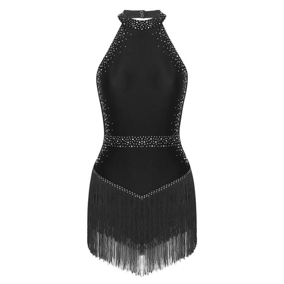DPOIS Women's Rhinestones Tassel Bodysuit Fringed Jazz Leotards Black XXL