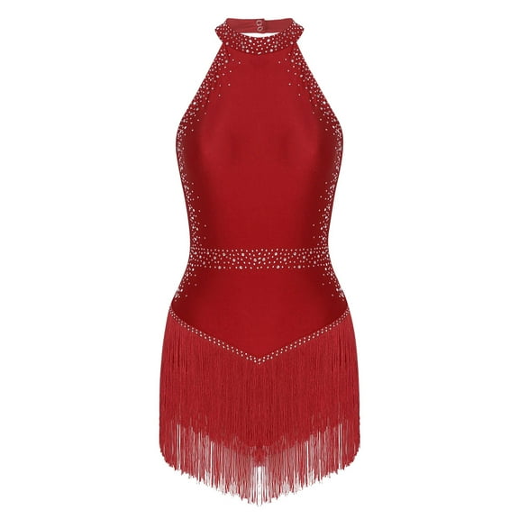 DPOIS Women's Rhinestones Tassel Bodysuit Fringed Jazz Leotards Burgundy XL