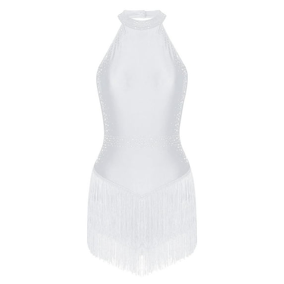 DPOIS Women's Rhinestones Tassel Bodysuit Fringed Jazz Leotards White M