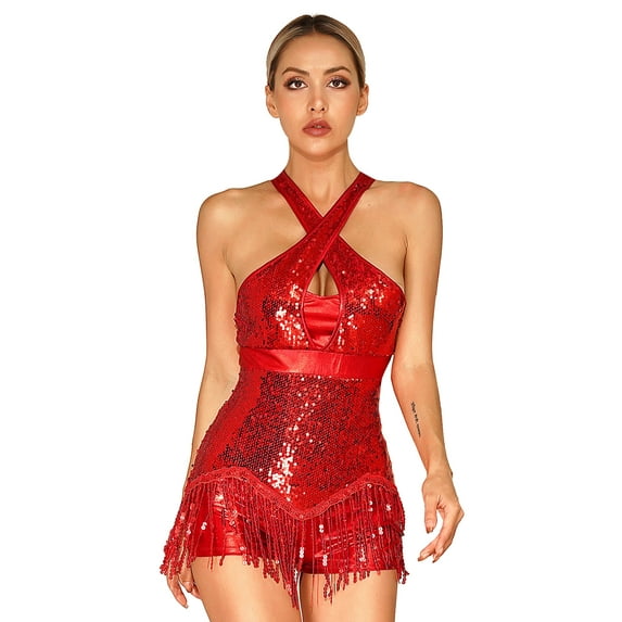 DPOIS Women's Sequins Tassel Fringed Bodysuit Latin Dance Leotard Jazz Costume Red XL