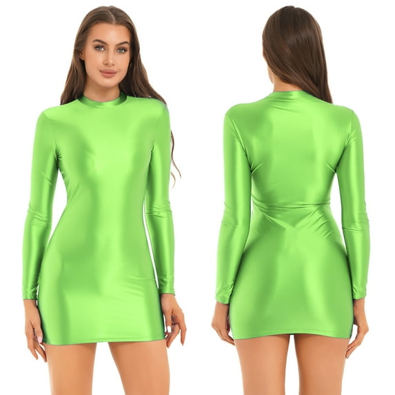 DPOIS Women's Shiny Oil Sheer Mini Dress Tight Pencil Dress