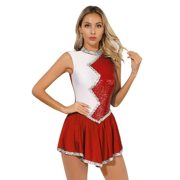 DPOIS Women's Shiny Sequins Lyrical Dance Dance Dress Ballet Gymnastic Leotards Red XL