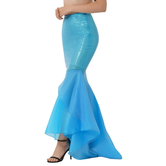 DPOIS Women's Shiny Sequins Mermaid Tail Skirt Halloween Costume Blue XL