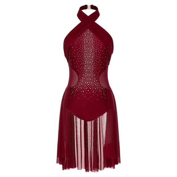 DPOIS Women's Sleeveless Ballet Dance Leotard Dress Tulle Skirt Lyrical Dance Costume Burgundy-A L