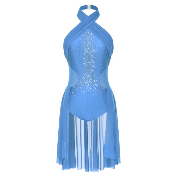 DPOIS Women's Sleeveless Ballet Dance Leotard Dress Tulle Skirt Lyrical Dance Costume Light Blue-A XL