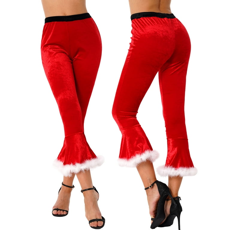 DPOIS Women's Velvet Christmas Miss Santa Pants Faux Fur Trim