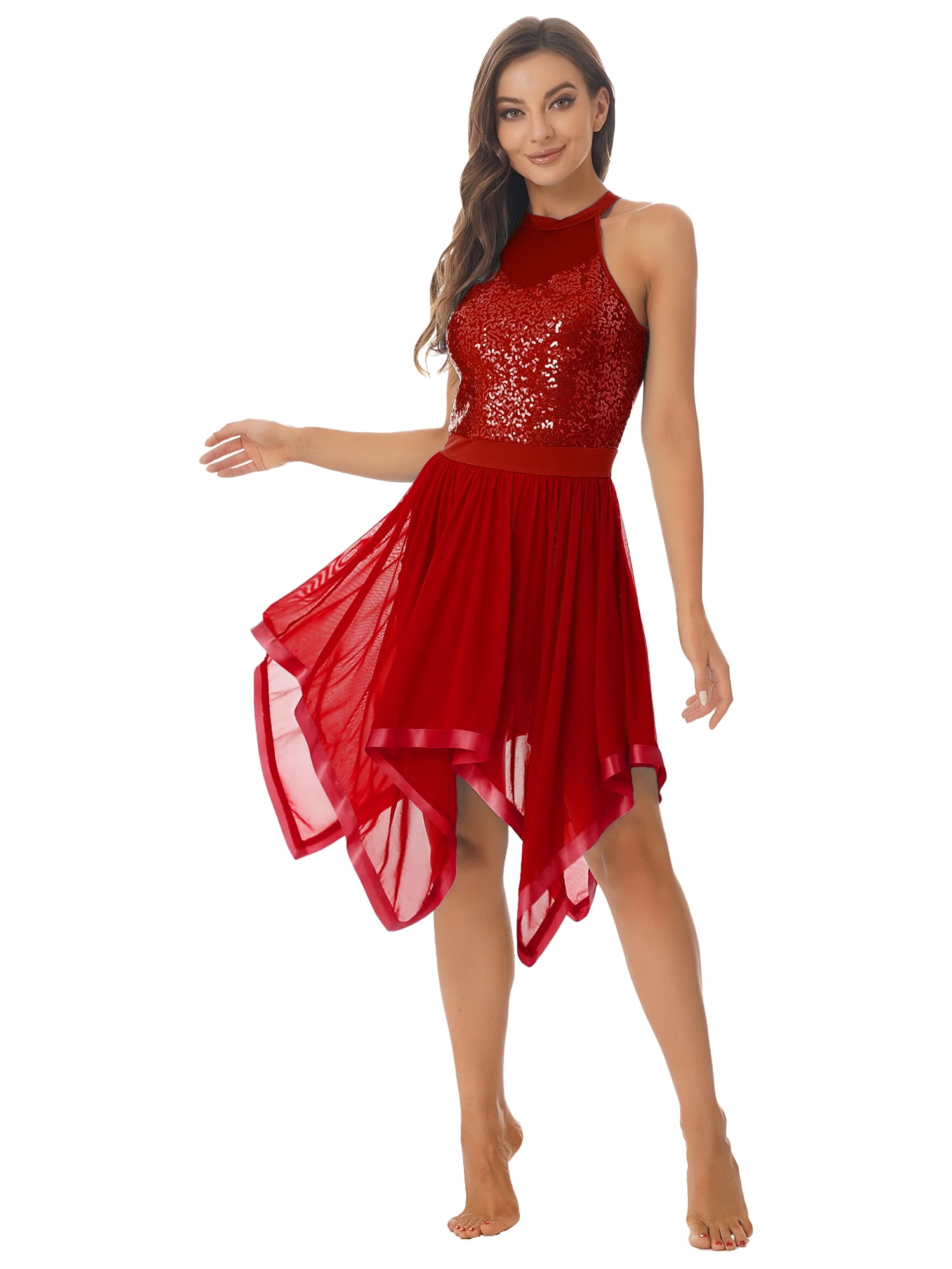 DPOIS Womens Asymmetrical Dance Dress Hem Mesh Lyrical Dance Costume Burgundy S