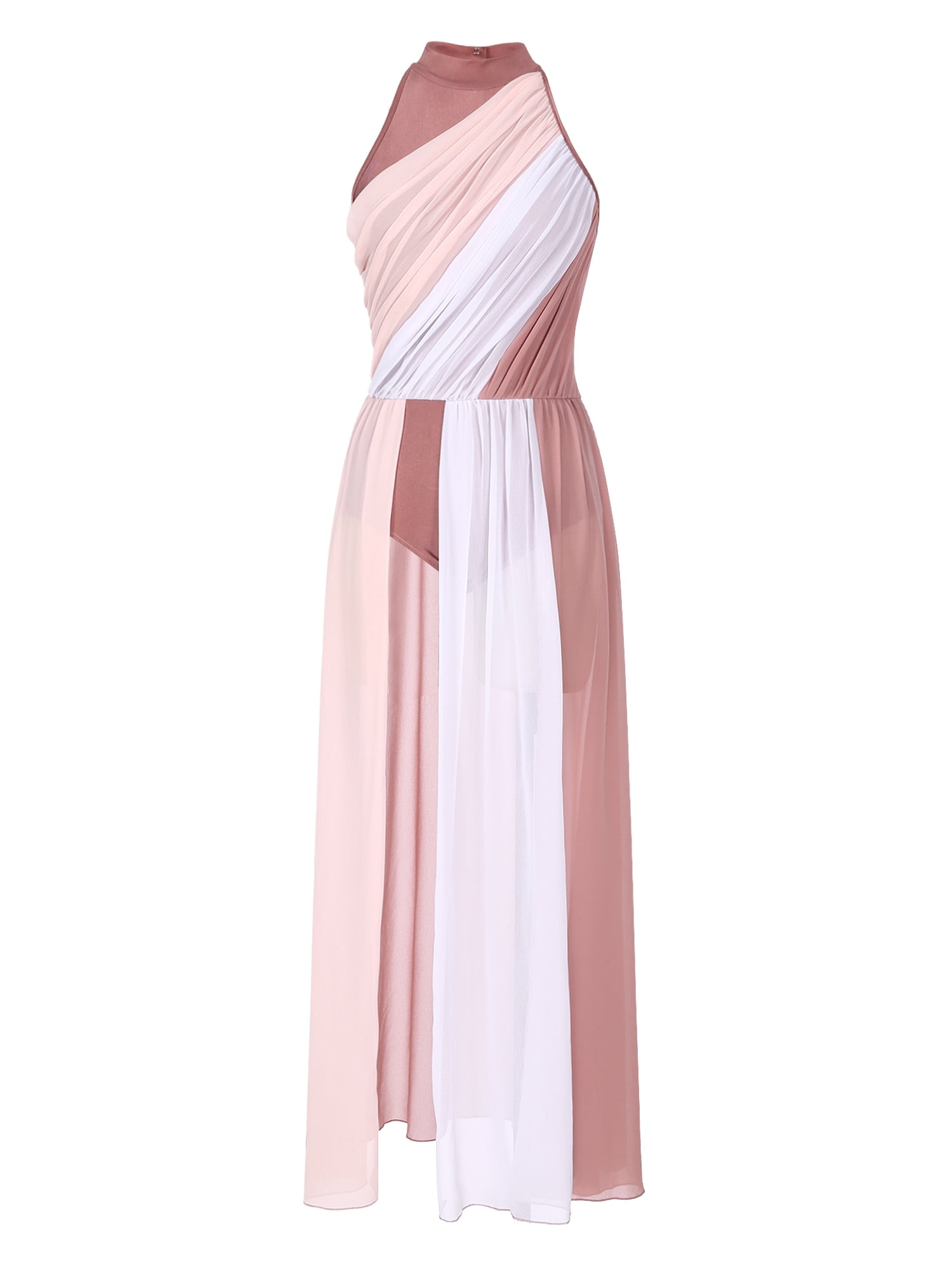 DPOIS Womens Color Block Long Flowy Lyrical Dance Dress Mock Neck Split  Ballet Leotard Dresses Dusty Pink L
